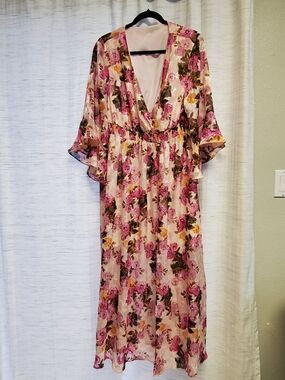 Pink Floral V-Neck Maxi Dress with Elastic Waist